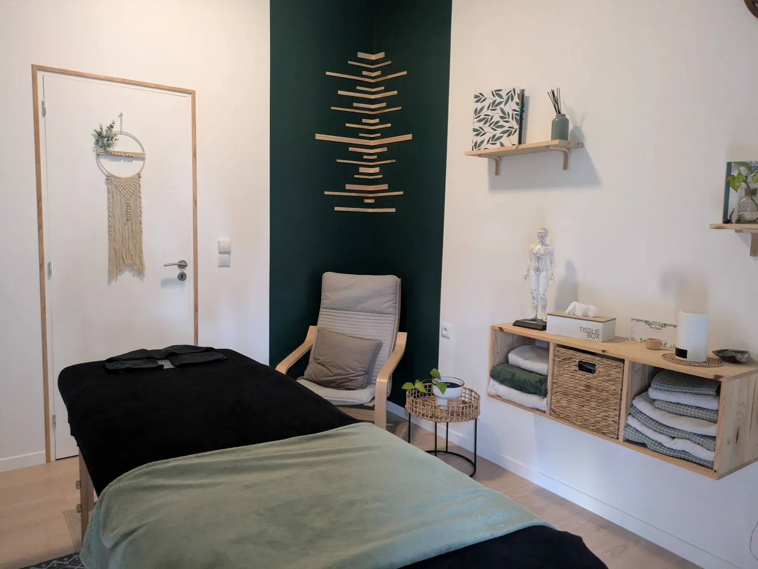 Le cabinet de soin Côté Bien N'être à Brie-Comte-Robert : table de massage, fauteuil et décor naturel aux tons verts